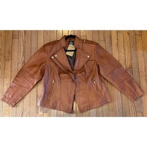 Decrum Monica - Women’s Genuine Lamb Leather Biker Jacket Cognac Brown Size 3XL